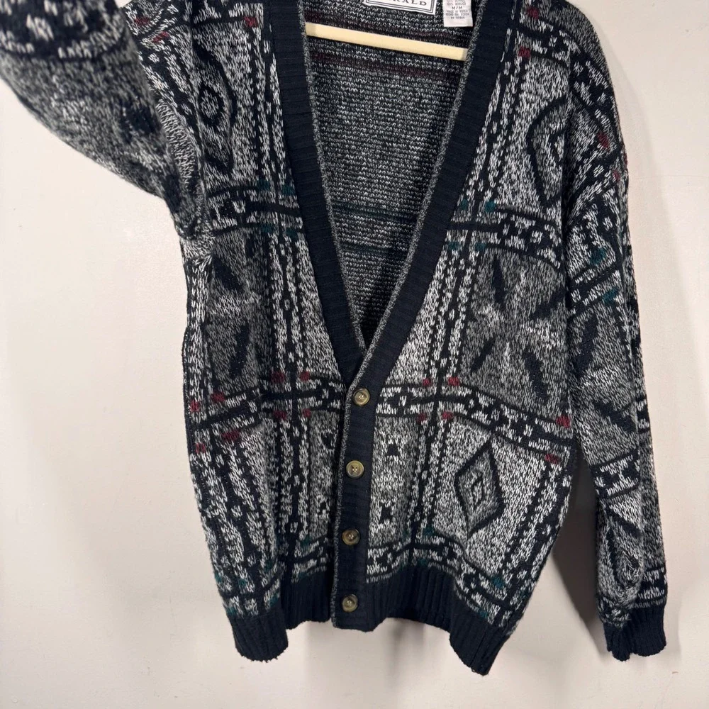 Michael Gerald Vintage Mens Cardigan Sweater Gray Geometric Knit Size M